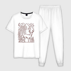 Пижама хлопковая мужская Горы и олень, цвет: белый