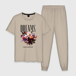 Пижама хлопковая мужская Dreams flowers - надпись: мечтать, цвет: миндальный