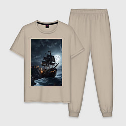 Пижама хлопковая мужская Пиратский корабль в шторм, цвет: миндальный