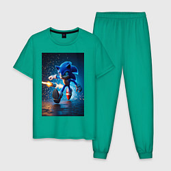 Пижама хлопковая мужская Соник убегает от ракет, цвет: зеленый