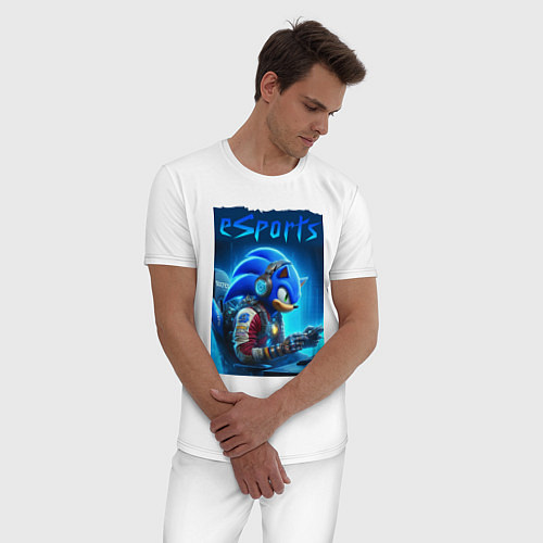 Мужская пижама Hedgehog Sonic is esports player - neon glow / Белый – фото 3