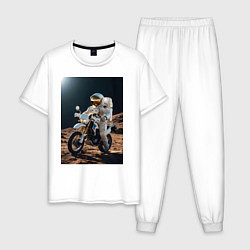 Пижама хлопковая мужская Космонавт ездит на мотоцикле по Луне, цвет: белый