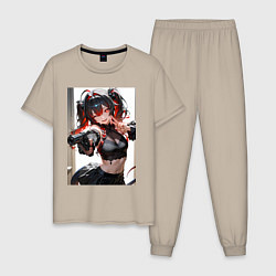 Пижама хлопковая мужская Девушка-демон с пистолетом, цвет: миндальный
