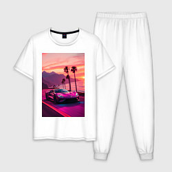 Пижама хлопковая мужская Суперкар едет около океана, цвет: белый