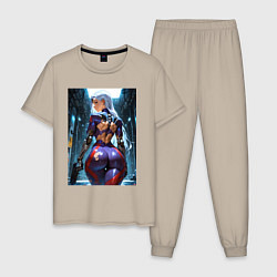 Пижама хлопковая мужская Девушка с оружием в киберпанк стиле, цвет: миндальный