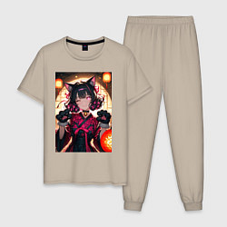 Пижама хлопковая мужская Девушка-кошка с мягкими лапами, цвет: миндальный