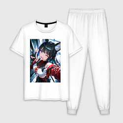 Пижама хлопковая мужская Озорная кошка-самурай, цвет: белый