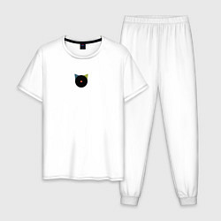 Пижама хлопковая мужская Кот черный с носом сердечком - минимализм, цвет: белый