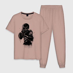 Пижама хлопковая мужская Американский футболист черной краской, цвет: пыльно-розовый