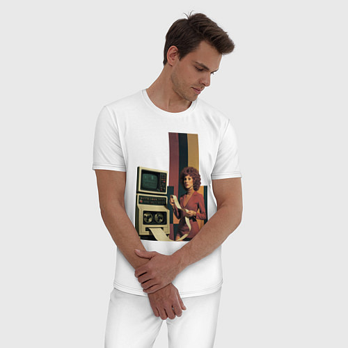 Мужская пижама Девушка и винтажный компьютер ретрофутуризм поп-ар / Белый – фото 3