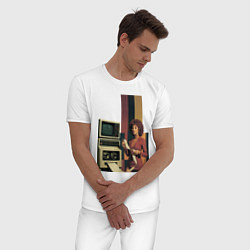 Пижама хлопковая мужская Девушка и винтажный компьютер ретрофутуризм поп-ар, цвет: белый — фото 2
