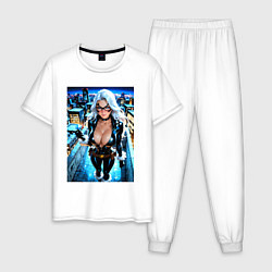 Пижама хлопковая мужская Черная кошка с брилиантом на крыше здания, цвет: белый