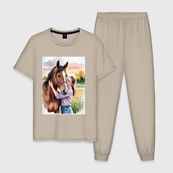 Пижама хлопковая мужская Обними меня крепче, цвет: миндальный