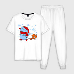 Пижама хлопковая мужская Снеговик с санками, цвет: белый