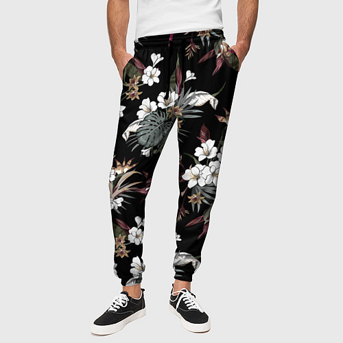 Мужские брюки Белые цветы в темноте / 3D-принт – фото 3