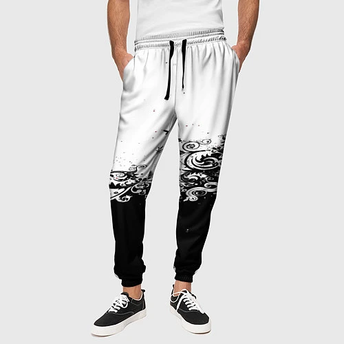 Мужские брюки Узоры линии черный белый чб / 3D-принт – фото 3