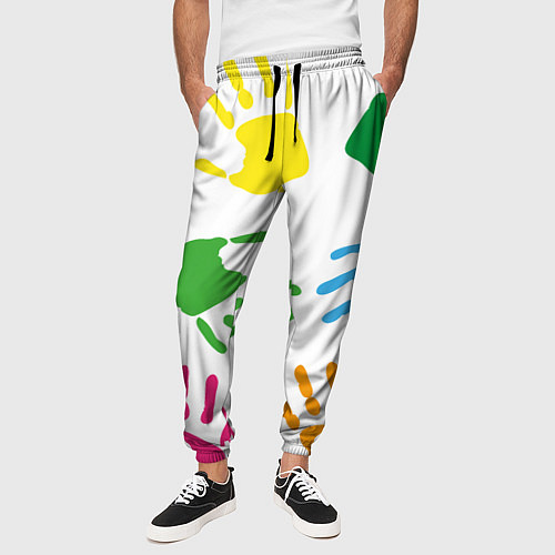 Мужские брюки Цветные ладошки - Детский узор / 3D-принт – фото 3