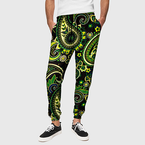 Мужские брюки Ярко зеленые славянские узоры / 3D-принт – фото 3