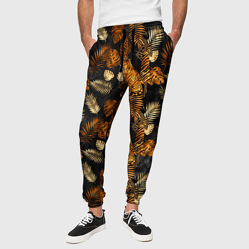 Мужские брюки Тигры и листья Тропики / 3D-принт – фото 3