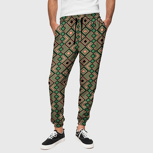 Мужские брюки Абстракция из черных, зеленых и бежевых квадратов / 3D-принт – фото 3