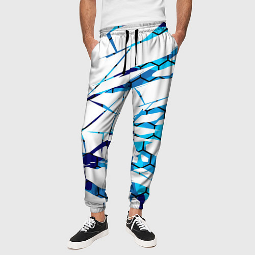 Мужские брюки 3D ВЗРЫВ ПЛИТ Белые и синие осколки / 3D-принт – фото 3