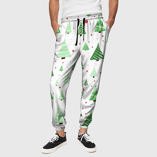 Мужские брюки Много разных зелёных ёлочек на белом фоне плюс кра / 3D-принт – фото 3