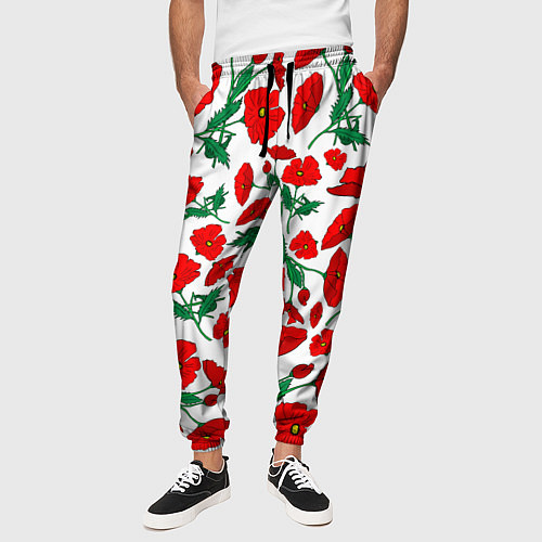 Мужские брюки Цветы Красные Маки на белом фоне / 3D-принт – фото 3