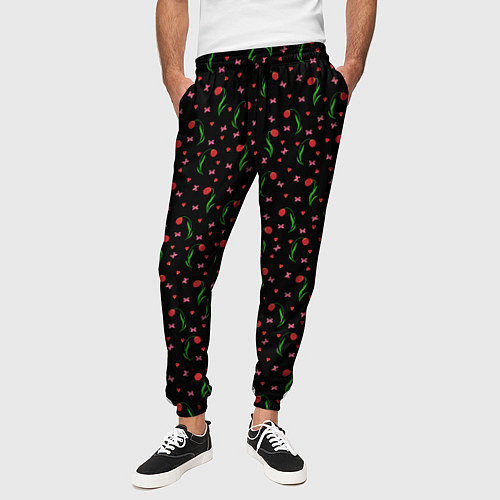 Мужские брюки Тюльпаны, сердечки , бабочки на черном / 3D-принт – фото 3