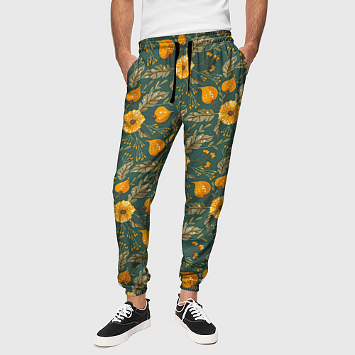 Мужские брюки Желтые цветочки и листья / 3D-принт – фото 3
