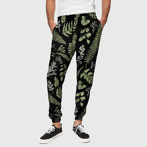 Мужские брюки Зелёные листья папоротника на черном фоне / 3D-принт – фото 3