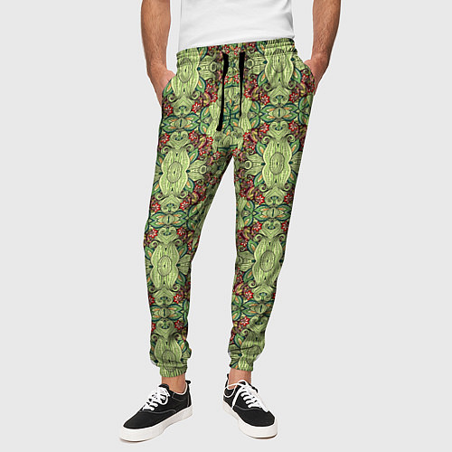 Мужские брюки Зеленые и коричневые узоры / 3D-принт – фото 3
