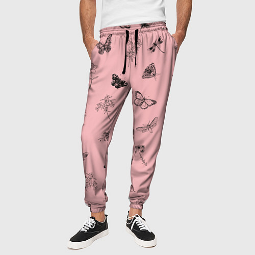 Мужские брюки Цветочки и бабочки на розовом фоне / 3D-принт – фото 3