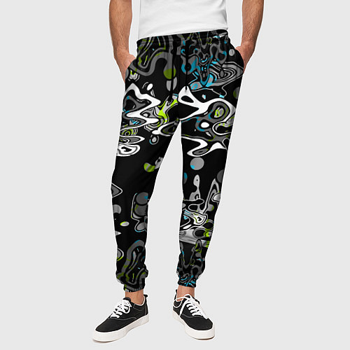Мужские брюки Черно-белый с синими вкраплениями абстрактный узор / 3D-принт – фото 3
