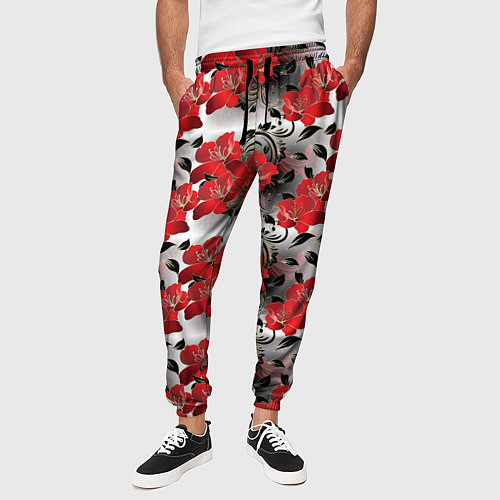 Мужские брюки Красные абстрактные цветы / 3D-принт – фото 3
