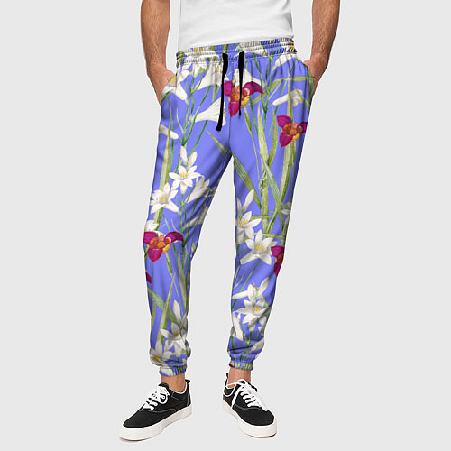 Мужские брюки Цветы Белые Лилии и Красные Тигридии / 3D-принт – фото 3