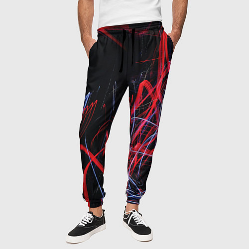 Мужские брюки Неоновые лучи в абстракции - Красный и синий / 3D-принт – фото 3
