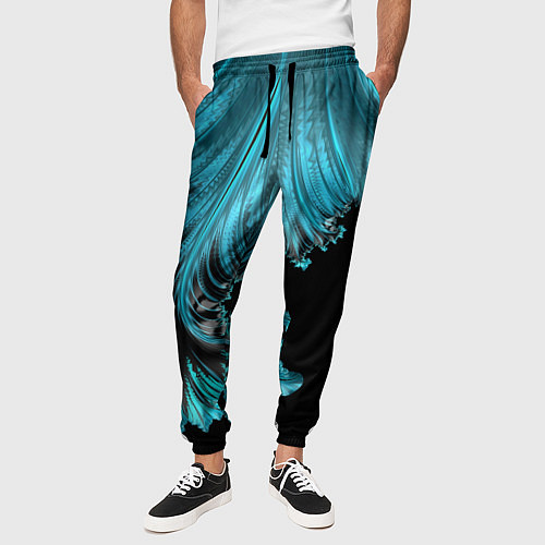 Мужские брюки Черный с голубым неоновый фрактал Ледяная абстракц / 3D-принт – фото 3