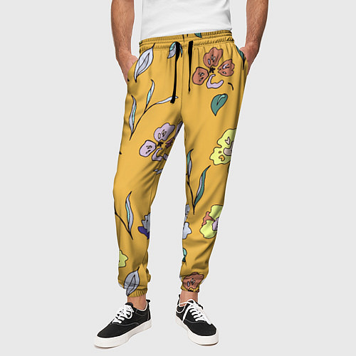 Мужские брюки Цветы Нарисованные На Золотом Фоне / 3D-принт – фото 3