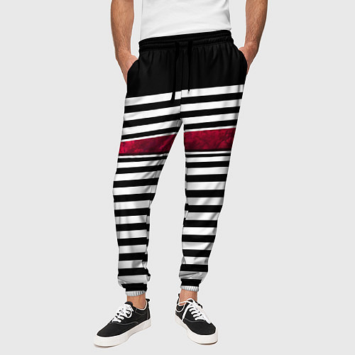 Мужские брюки Полосатый современный черно-белый с красной вставк / 3D-принт – фото 3