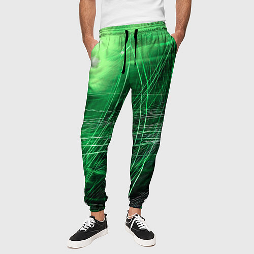 Мужские брюки Неоновые волны и линии - Зелёный / 3D-принт – фото 3