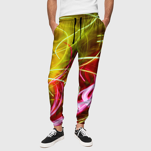 Мужские брюки Неоновые линии и фонари - Жёлтый / 3D-принт – фото 3
