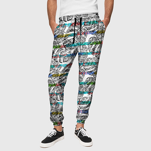 Мужские брюки Черно -белые листья монстеры на цветных полосах / 3D-принт – фото 3