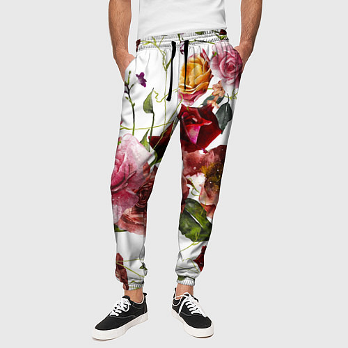 Мужские брюки Цветы Нарисованные Красные и Розовые Розы / 3D-принт – фото 3