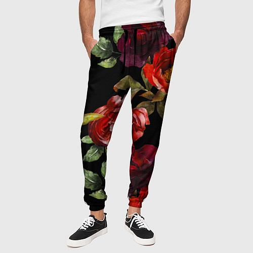 Мужские брюки Цветы Нарисованные Розы На Чёрном Фоне / 3D-принт – фото 3