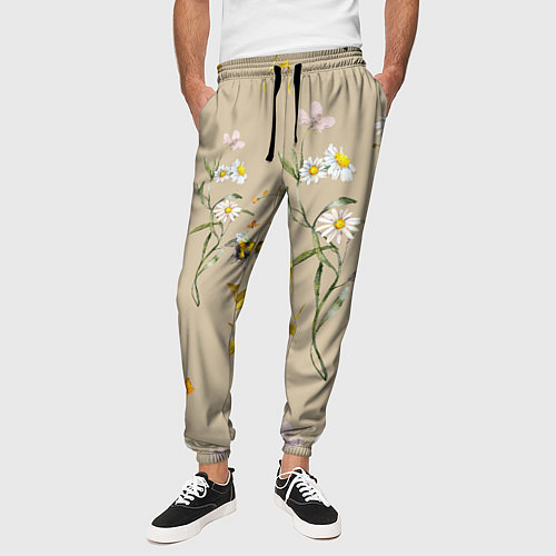 Мужские брюки Нарисованные Цветы Ромашки и Пчёлы / 3D-принт – фото 3
