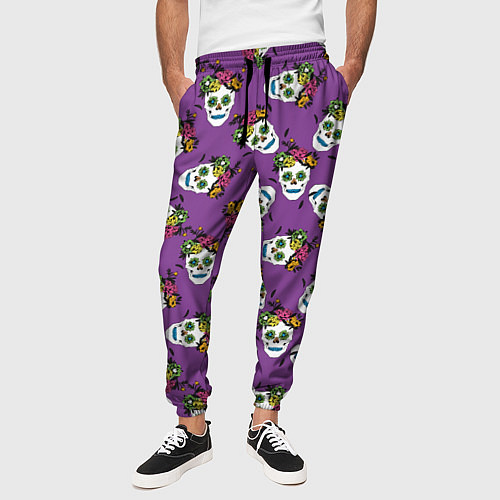 Мужские брюки Сахарные черепа на фиолетовом паттерн / 3D-принт – фото 3