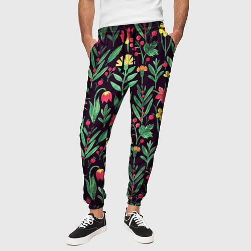Мужские брюки Цветочный акварельный паттерн / 3D-принт – фото 3