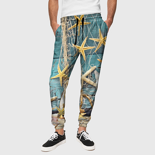 Мужские брюки Натюрморт из сети, морских звёзд и ракушек - лето / 3D-принт – фото 3