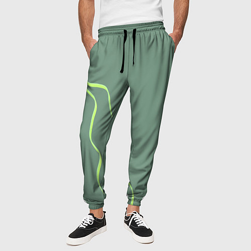Мужские брюки Абстрактные зеленые линии на фоне цвета хаки / 3D-принт – фото 3