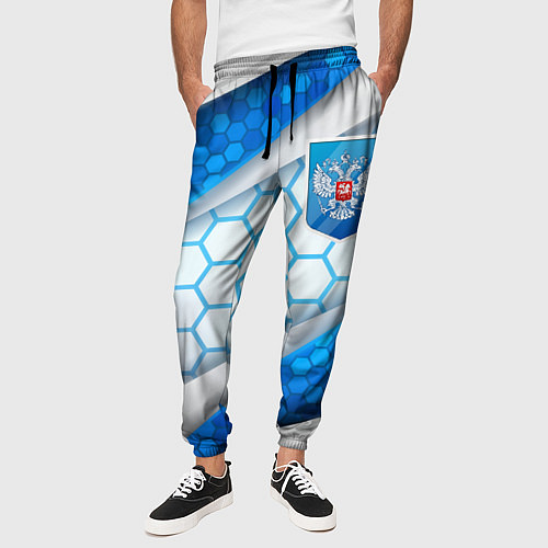 Мужские брюки Синий герб России на объемном фоне / 3D-принт – фото 3